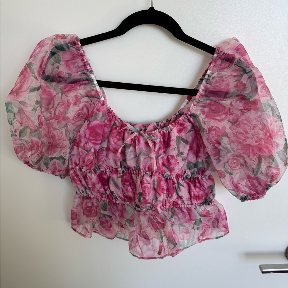 Organza Pink Floral Puff-Sleeve Crop Top